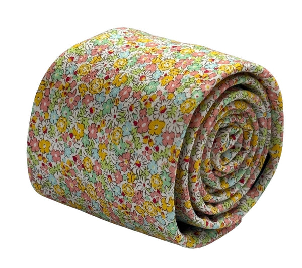 pink and yellow wildflower english meadow floral garden cotton tie  in a Liberty style design